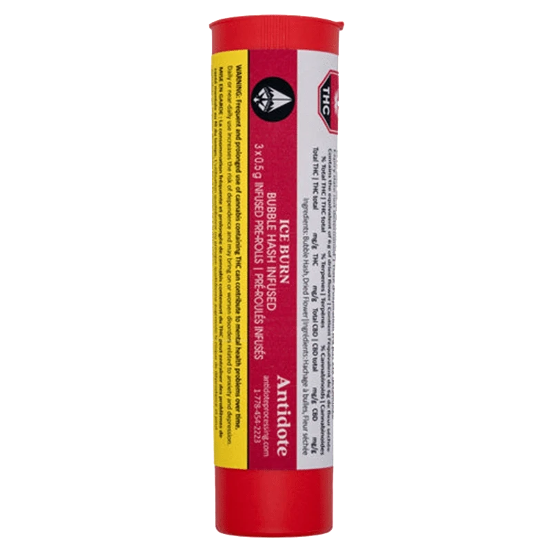 Front view of the Ice Burn Bubble Hash Infused Pre Rolled packaging, displaying a close-up of text and branding details.