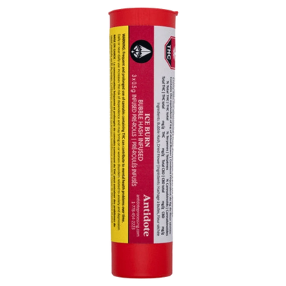 Front view of the Ice Burn Bubble Hash Infused Pre Rolled packaging, displaying a close-up of text and branding details.