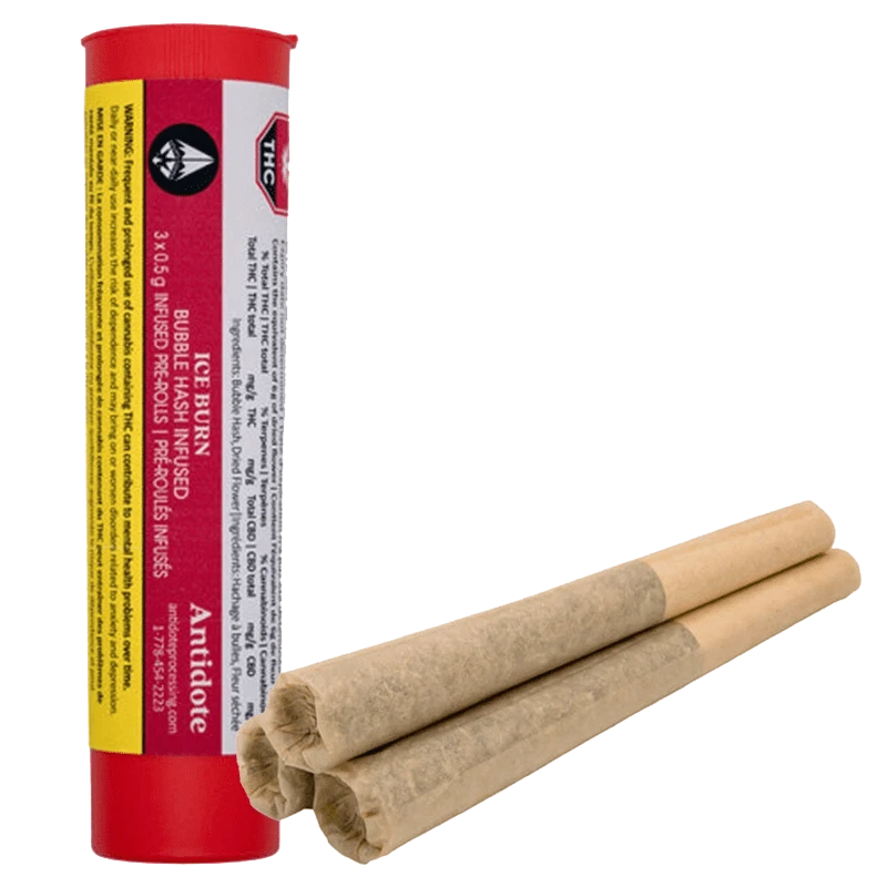 Front view of the Ice Burn Bubble Hash Infused Pre Rolled 3 x 0.5 g, featuring a close-up of the packaging on a white background.