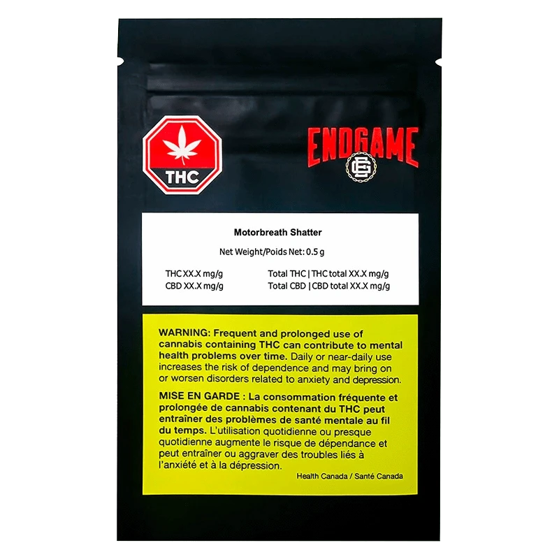 Front view of the Motorbreath Shatter packaging with a warning label, displaying THC levels on a white background.