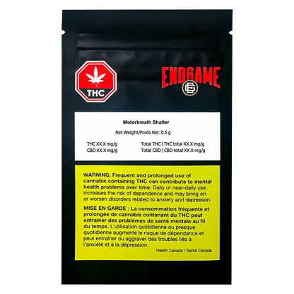 Front view of the Motorbreath Shatter packaging with a warning label, displaying THC levels on a white background.