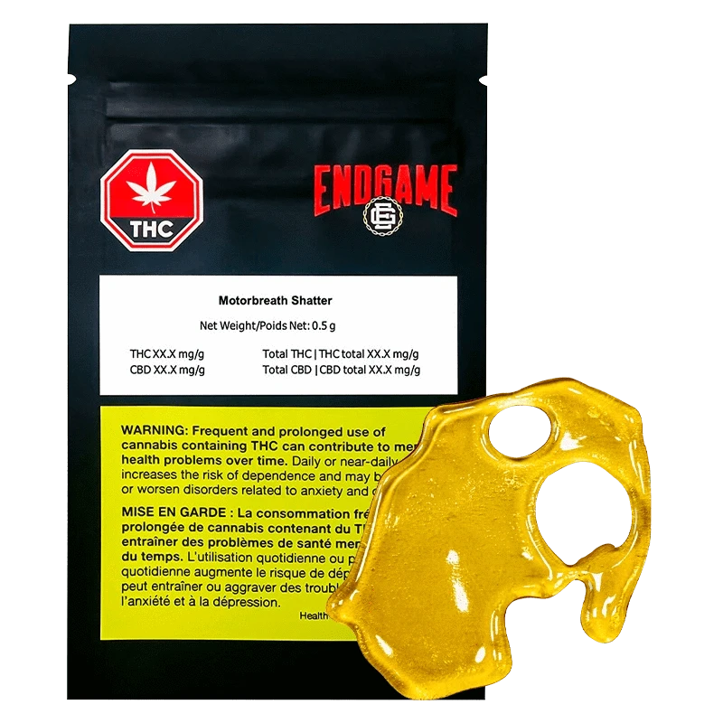 Front view of the Motorbreath Shatter packaging, displaying warnings and cannabis content details on a dark background.