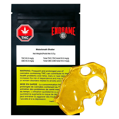 Front view of the Motorbreath Shatter packaging, displaying warnings and cannabis content details on a dark background.