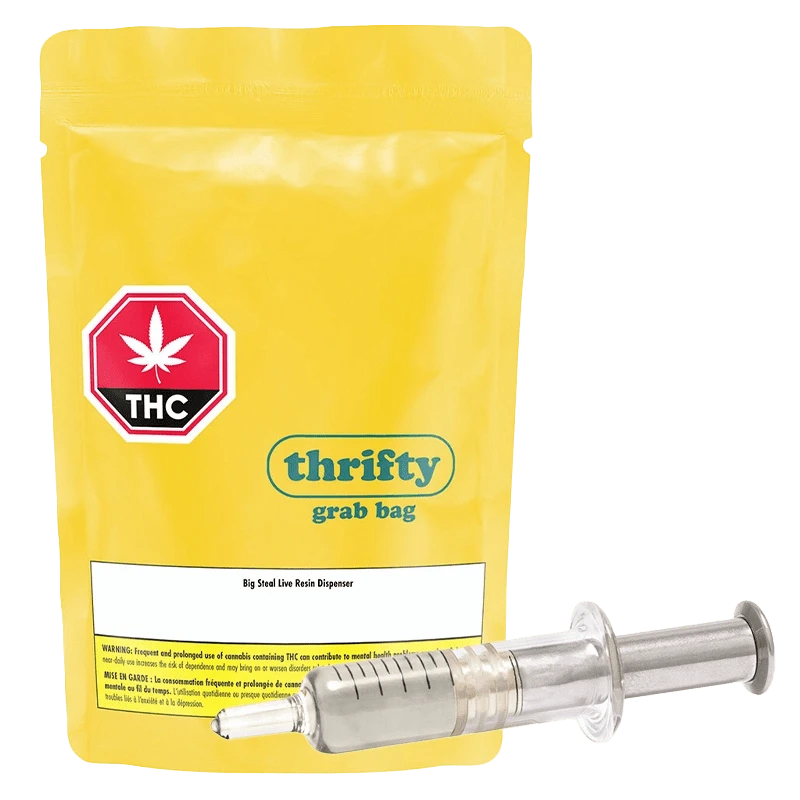 Front view of the Big Steal Live Resin Dispenser with a white label and black lettering on a gray background.