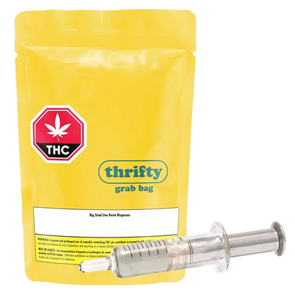 Front view of the Big Steal Live Resin Dispenser with a white label and black lettering on a gray background.