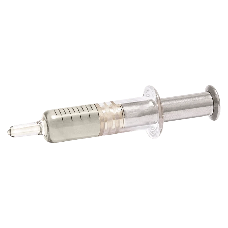 Front view of the Big Steal Live Resin Dispenser, a clear, cylindrical tool with a slender tip and visible internal markings.