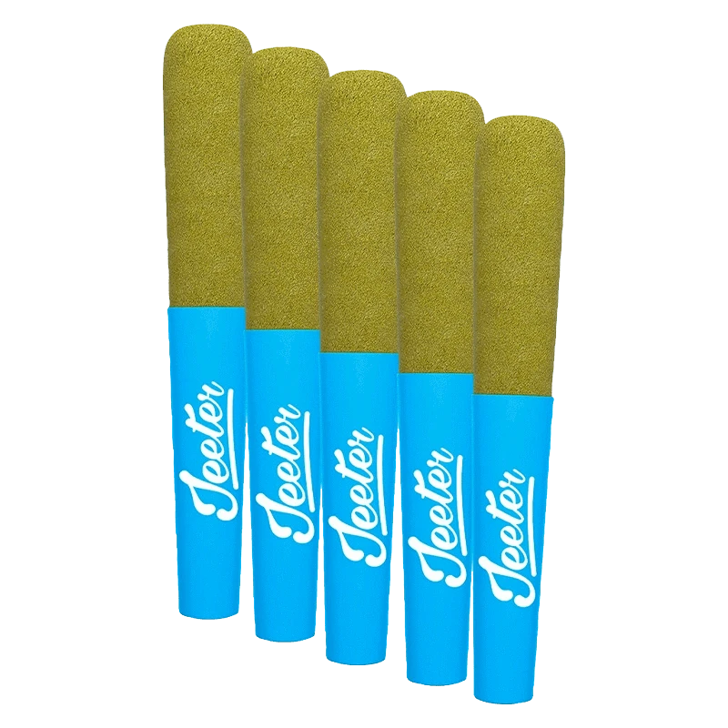 Front view of the Baby Jeeter Grand Daddy Purp Infused PR, showcasing five 0.5g cartridges arranged against a plain white background.