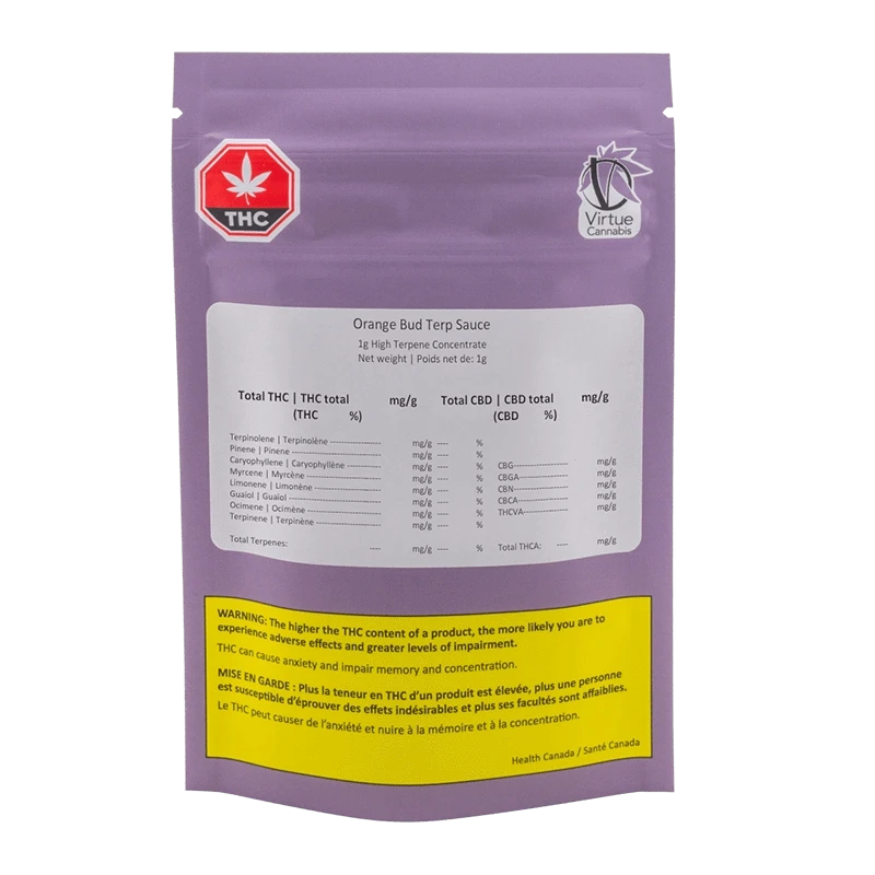 Front view of the Orange Bud Terp Sauce container with text detailing the product's contents and warnings.