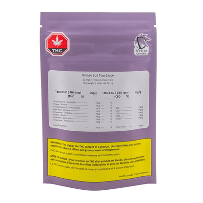 Front view of the Orange Bud Terp Sauce container with text detailing the product's contents and warnings.