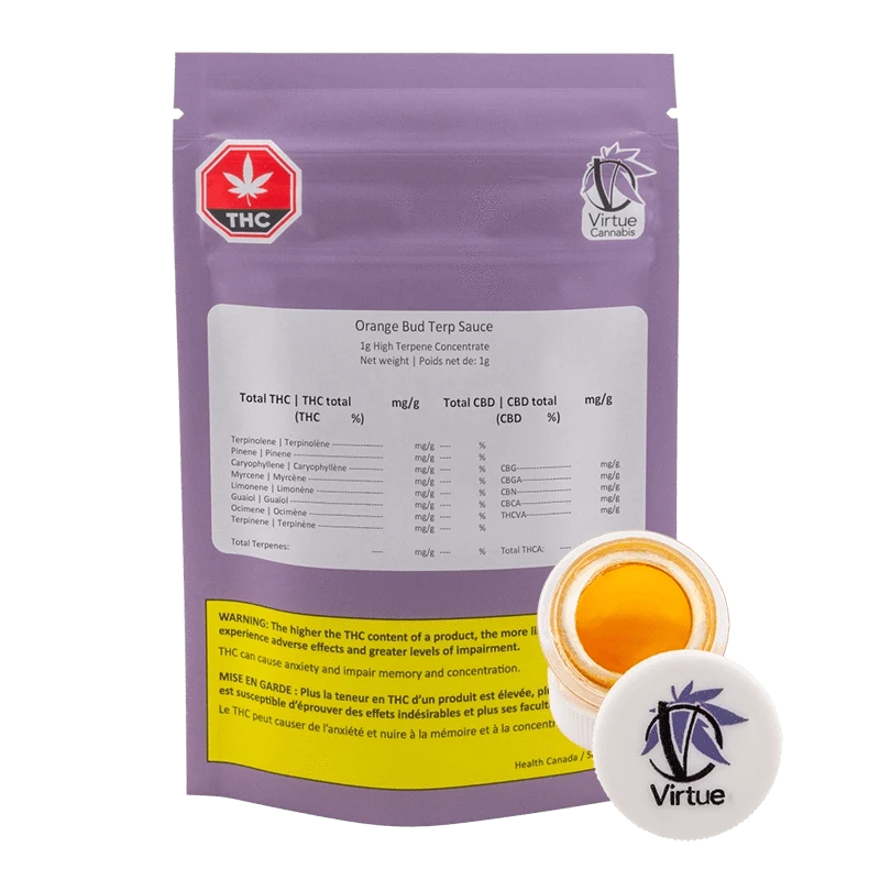 Front view of the Virtue Orange Bud Terp Sauce container, displaying bold text and a colorful design against a white background.