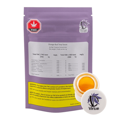 Front view of the Virtue Orange Bud Terp Sauce container, displaying bold text and a colorful design against a white background.