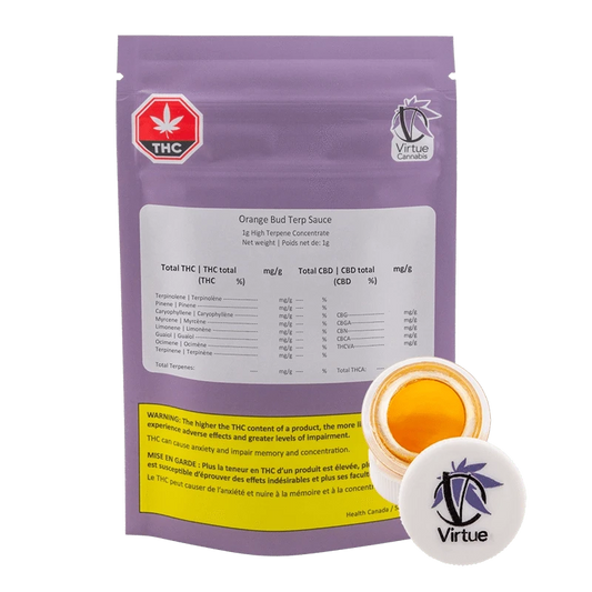 Front view of the Virtue Orange Bud Terp Sauce container, displaying bold text and a colorful design against a white background.