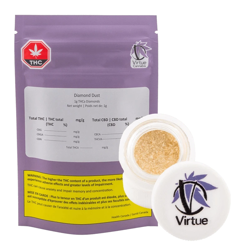 Virtue Diamonds displays packaging with details about THC content in a close-up, angled shot.