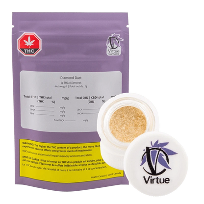 Virtue Diamonds displays packaging with details about THC content in a close-up, angled shot.