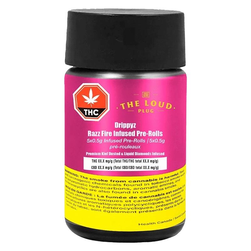 A close-up of the Drippyz Razz Fire Infused Pre Rolled 5 x 0.5 g packaging, displaying bold text and graphics against a dark background.