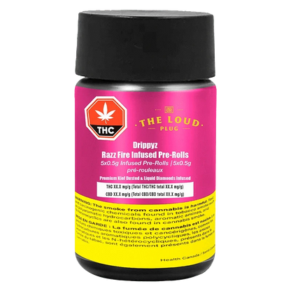 A close-up of the Drippyz Razz Fire Infused Pre Rolled 5 x 0.5 g packaging, displaying bold text and graphics against a dark background.