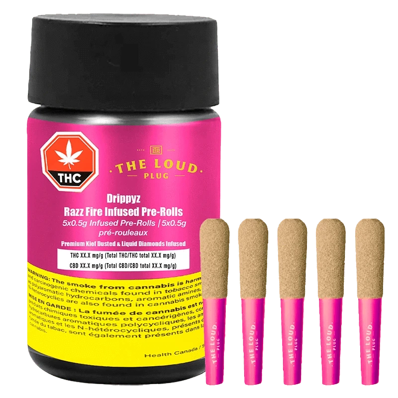 A close-up of the Drippyz Razz Fire Infused Pre Rolled packaging, featuring bold red text on a black background.