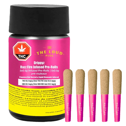 A close-up of the Drippyz Razz Fire Infused Pre Rolled packaging, featuring bold red text on a black background.