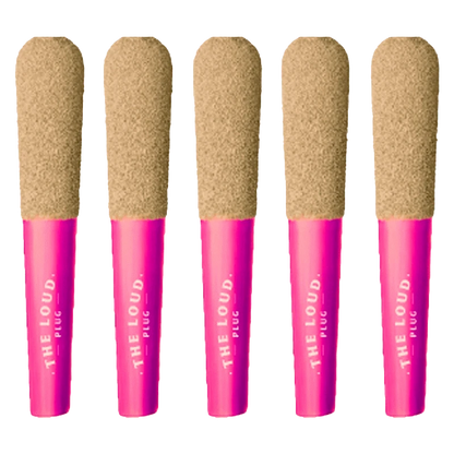 A close-up of five 0.5g Drippyz Razz Fire Infused Pre Rolled packs arranged against a dark background.