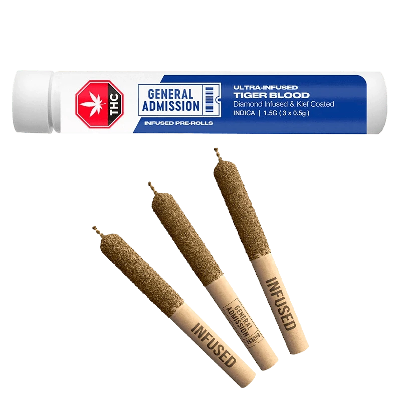 Close-up of the Tiger Blood Diamond Infused Pre Rolled 3 x 0.5 g joints, arranged against a dark backdrop and labeled with product information.