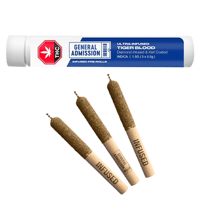 Close-up of the Tiger Blood Diamond Infused Pre Rolled 3 x 0.5 g joints, arranged against a dark backdrop and labeled with product information.