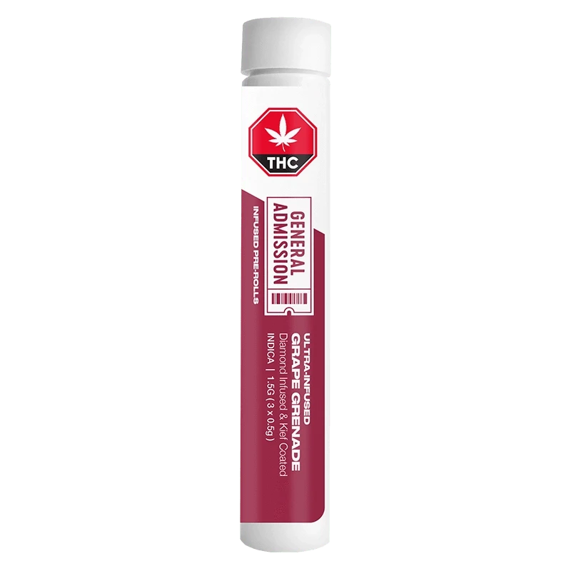 Front view of the Grape Grenade Diamond Infused Pre Rolled 3 x 0.5 g, with text labels on a white background.