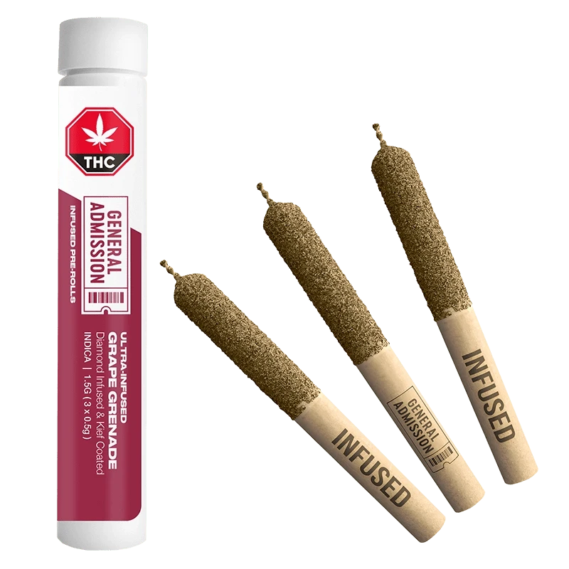 A close-up of the Grape Grenade Diamond Infused Pre Rolled 3 x 0.5 g pre-rolls, showcasing the textured paper wrap and product branding.