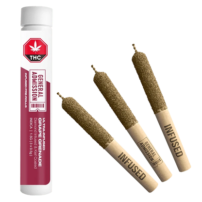 A close-up of the Grape Grenade Diamond Infused Pre Rolled 3 x 0.5 g pre-rolls, showcasing the textured paper wrap and product branding.