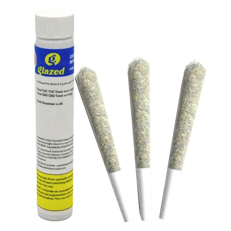 A close-up, angled view of three Sour Dubb Rosin Infused Pre Rolled 0.5 g rolls, showing their cylindrical shape and light brown color.