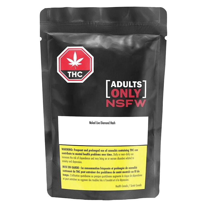 Naked Live Diamond Hash is shown in a close-up, front view with a dark background and warning message in French.