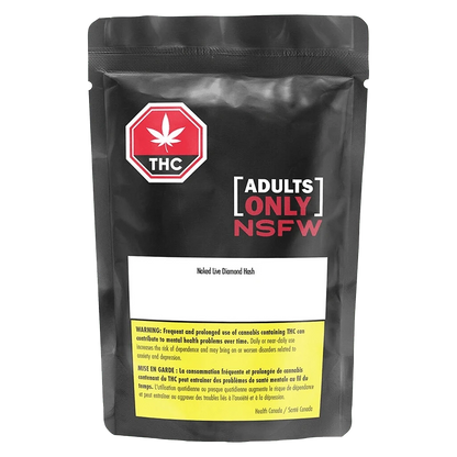 Naked Live Diamond Hash is shown in a close-up, front view with a dark background and warning message in French.