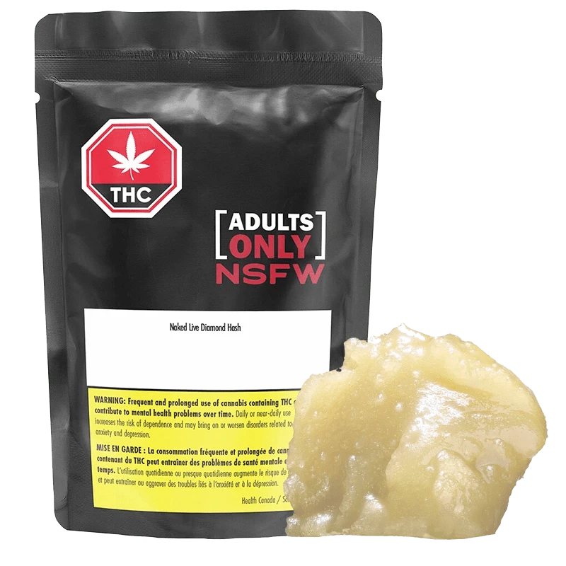 Front view of the Naked Live Diamond Hash package against a black background with warning text in French.