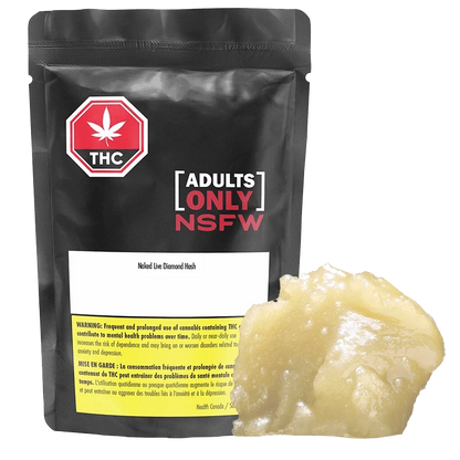 Front view of the Naked Live Diamond Hash package against a black background with warning text in French.