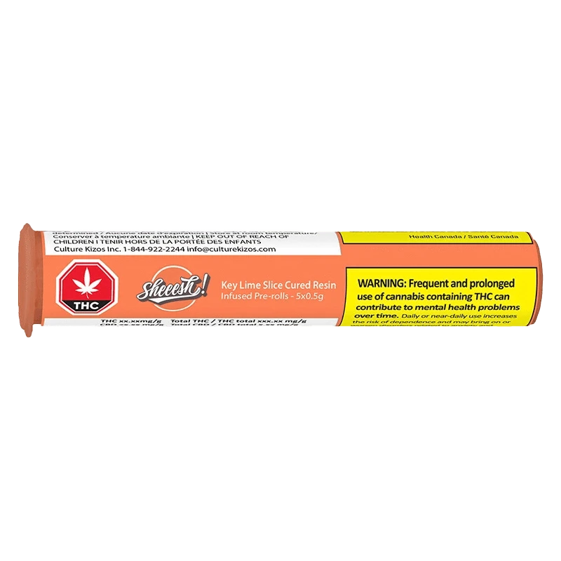 Key Lime Slice Cured Resin Infused Pre Rolled 5 x 0.5 g packaging with warnings and health information displayed against a dark background.