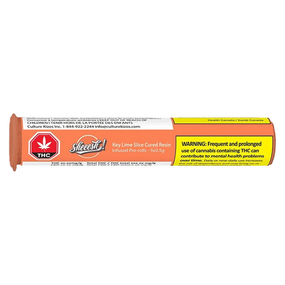 Key Lime Slice Cured Resin Infused Pre Rolled 5 x 0.5 g packaging with warnings and health information displayed against a dark background.