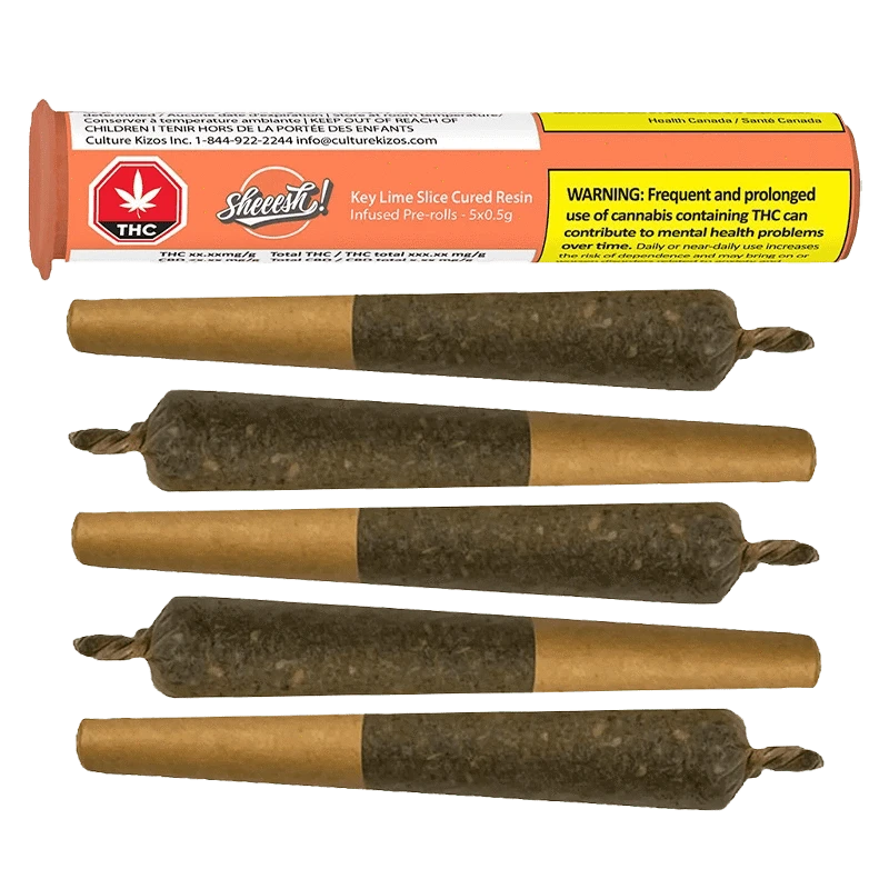 Key Lime Slice Cured Resin Infused Pre Rolled 5 x 0.5 g packaged against a black background with warning labels in English and French.