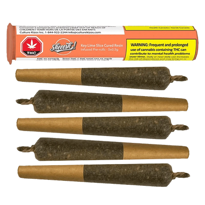 Key Lime Slice Cured Resin Infused Pre Rolled 5 x 0.5 g packaged against a black background with warning labels in English and French.