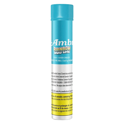 Front view of the Rainbow Snowcone Infused Pre Rolled 3 x 0.5 g packaging, displaying a colorful graphic against a white backdrop.