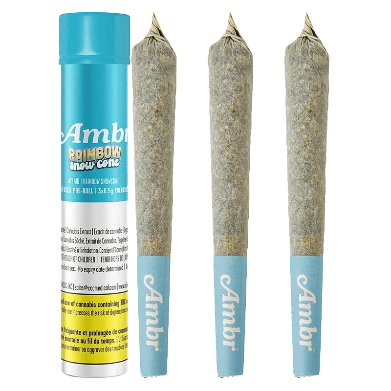 A close-up, angled view of the Rainbow Snowcone Infused Pre Rolled 3 x 0.5 g packaging, featuring colorful branding against a dark background.