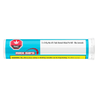 Front view of the Max 60's Blue Lemonade Triple Infused Pre Rolled packaging, displaying branding and product details against a plain white backdrop.