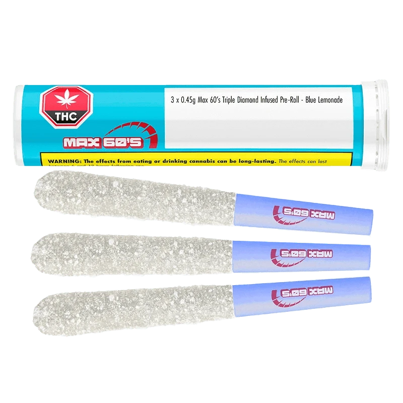 Close-up of the Max 60's Blue Lemonade Triple Infused Pre Rolled packaging, featuring a bright blue label with bold branding details.