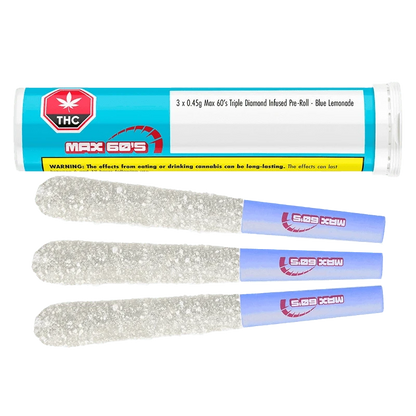 Close-up of the Max 60's Blue Lemonade Triple Infused Pre Rolled packaging, featuring a bright blue label with bold branding details.