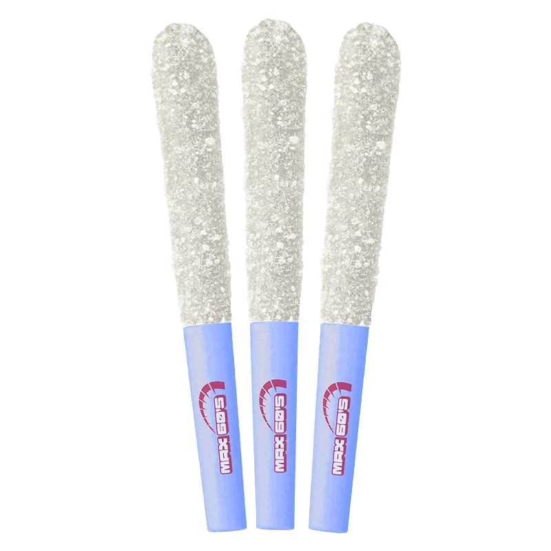 A studio shot of three Max 60's Blue Lemonade Triple Infused Pre Rolled 0.45 g cartridges, arranged in a vertical line against a white background.