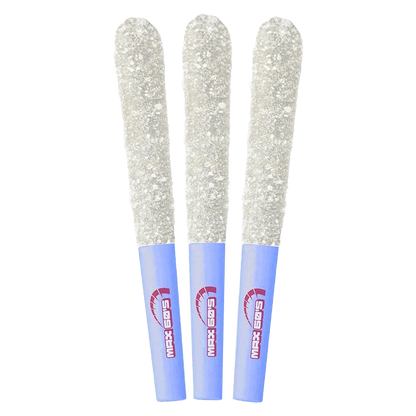 A studio shot of three Max 60's Blue Lemonade Triple Infused Pre Rolled 0.45 g cartridges, arranged in a vertical line against a white background.