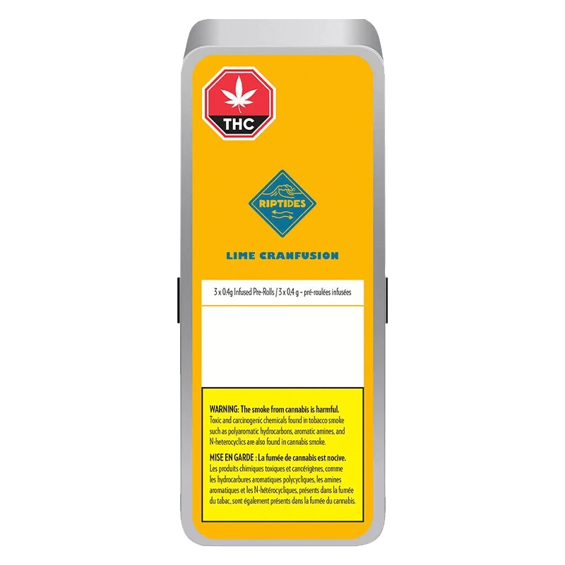 Close-up of the Lime Cranfusion Infused Pre Rolled packaging, showing a bright label against a dark background.