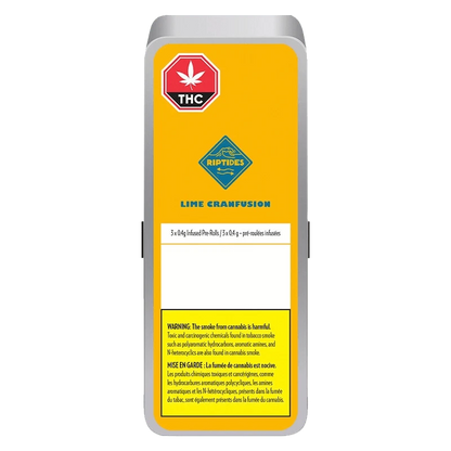 Close-up of the Lime Cranfusion Infused Pre Rolled packaging, showing a bright label against a dark background.