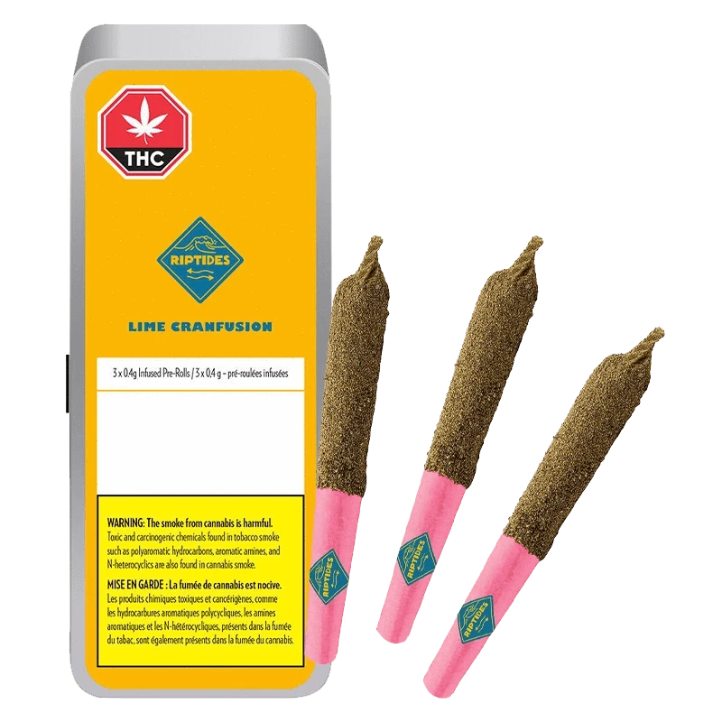 Close-up of the Lime Cranfusion Infused Pre Rolled 3 x 0.4 g pre-rolls against a dark background, highlighting the packaging’s color scheme.