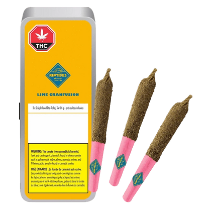 Close-up of the Lime Cranfusion Infused Pre Rolled 3 x 0.4 g pre-rolls against a dark background, highlighting the packaging’s color scheme.
