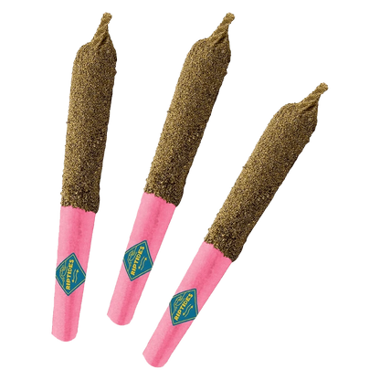 A brightly lit, close-up view of three Lime Cranfusion Infused Pre Rolled 0.4 g pre-rolls, displaying their colorful, textured design.