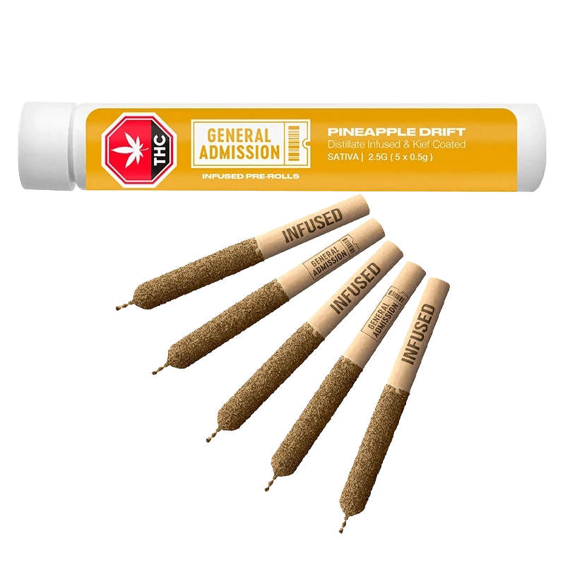 A close-up, angled view of the Pineapple Drift Distillate Infused Pre Rolled 5 x 0.5 g, showcasing the color and texture of the pre-rolled joints.